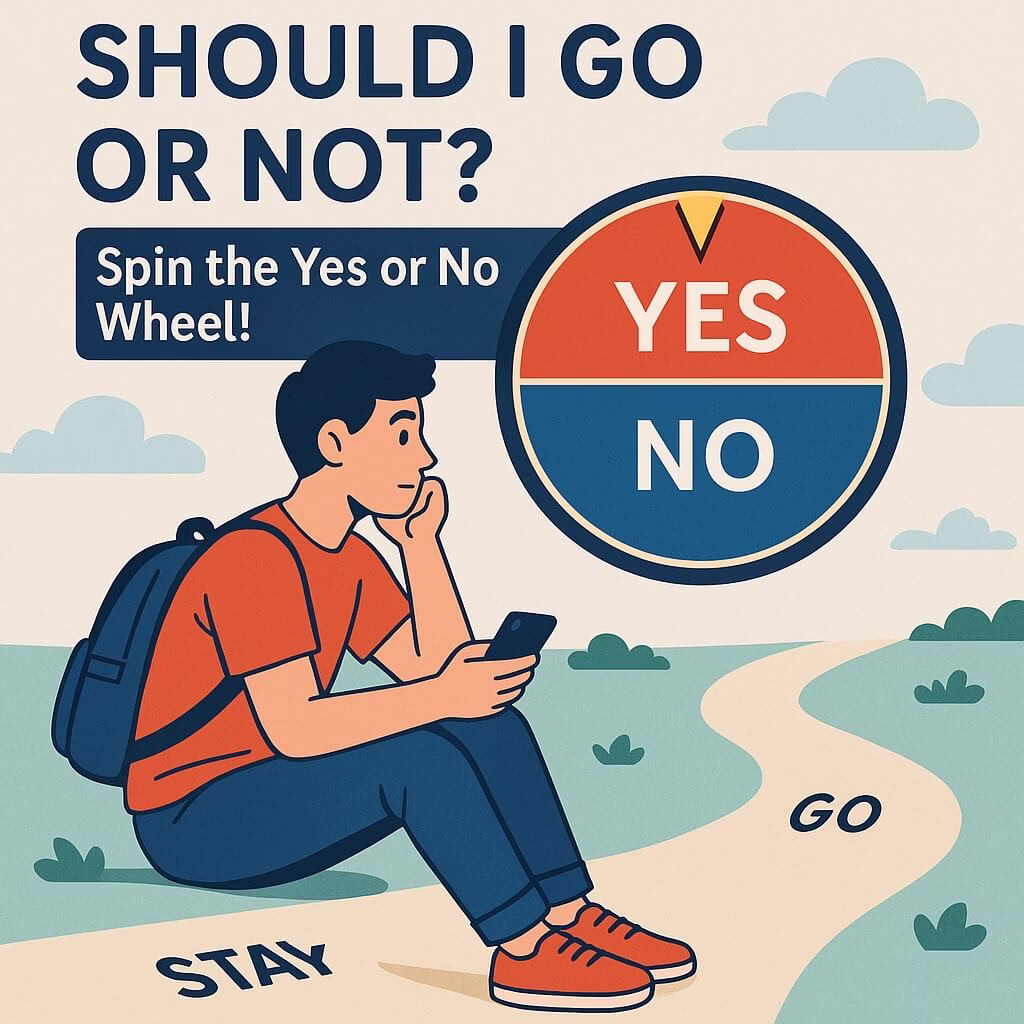 Person sitting at a crossroads, looking at a spinning Yes or No decision wheel to choose whether to go or stay.