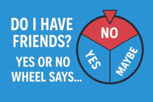 A colorful decision wheel with segments labeled “YES,” “NO,” and “MAYBE,” next to the text “Do I Have Friends? Yes or No Wheel Says...” on a bright blue background.