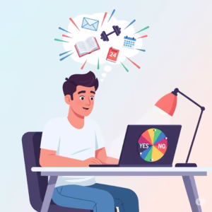 A modern, clean flat-style vector illustration depicts a man with eyes, wearing a white shirt, sitting at a desk with a laptop. On the laptop screen, a colorful, glowing Yes/No decision wheel spins. Above his head, a thought bubble contains icons representing various tasks: an email, a book, a dumbbell, and a calendar. The man's expression shows surprise or relief against a soft pastel background.