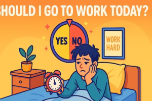 A tired man sits in bed holding an alarm clock, looking conflicted while a colorful “Yes or No” wheel above asks, “Should I Go to Work Today?”