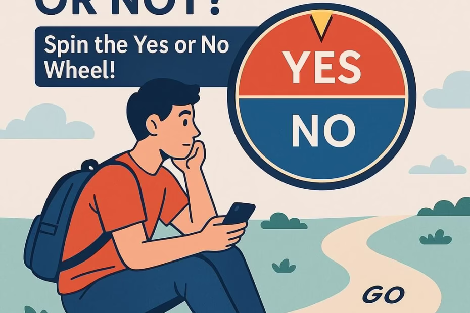 Person sitting at a crossroads, looking at a spinning Yes or No decision wheel to choose whether to go or stay.